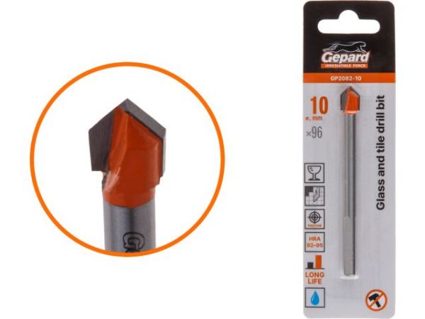 Сверло по кафелю/стеклу 10x96 мм трехгр. хвостовик GEPARD (GP2082-10)(по керамической плитке)