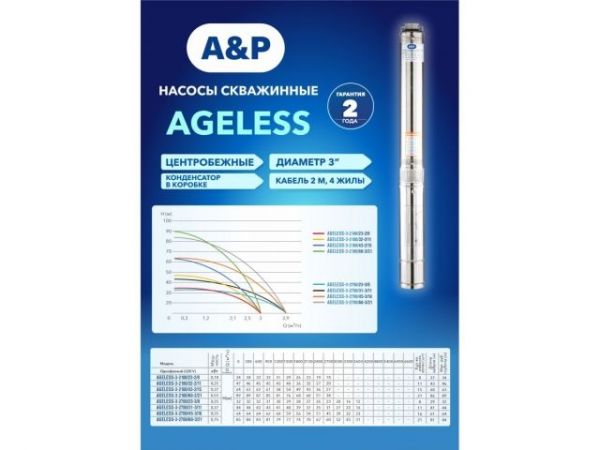 Насос скважинный центробежный AGELESS-3-2100/43-2/15 A&P(370 Вт, 2,7 м3/ч, 60м, 3' / 7,62 см)