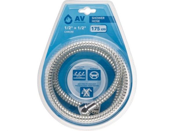Шланг душевой, PVC, 1/2' г-г 175 см, хром, AV Engineering(Гайка латунь (anti-twist), 10 бар)