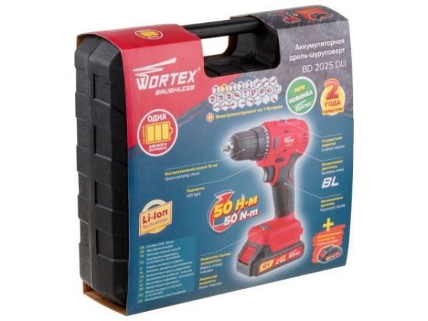 Дрель-шуруповерт WORTEX BD 2025 DLi в чем. ALL1 XLT БЕСЩЕТ, 18 В, 50 Н*м, 2х2 А*ч, БЗП 10 мм(шурупы до 9 мм)