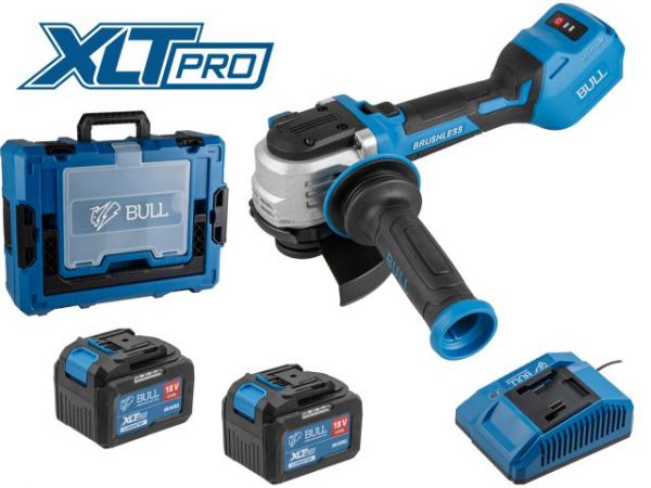 Углошлифмашина BULL CSG 1812-1 SR Xcase XLTpro 2x6 Ач БЕСЩЕТ, 125 мм, рег. об., 10 000 об/мин(Безредукторный тип, плав пуск, конст. эл., защита от перегруз. и перегрев.)