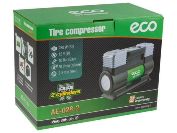 Компрессор автомобильный ECO AE-028-2(12 В, 280 Вт, 70 л/мин, 2 цилиндра, 10 бар (манометр 7 бар), фонарь, сумка)