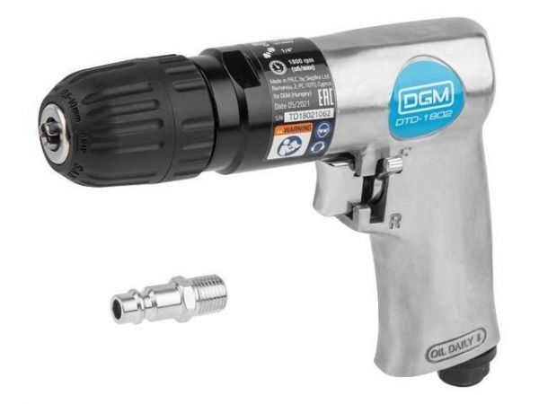 Пневмодрель с реверсом DGM DTD-1802(Быстрозажим.патрон 3/8''-24 UNF, 255 л/мин, 1800 об/мин, дерево/металл: 20/10 мм;)