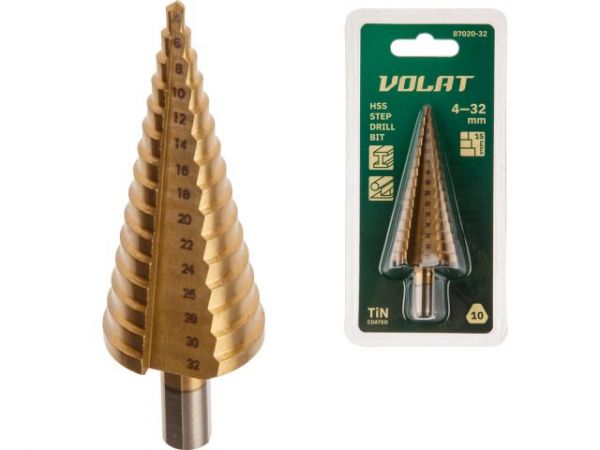 Сверло по металлу ступенчатое 4-32 мм HSS TIN ВОЛАТ(прямой профиль)