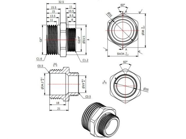 Ниппель ред. 1' нар. х 3/4' нар., AV Engineering (инд. упак.)(Латунь, макс.  16 бар, макс.  100 °С)