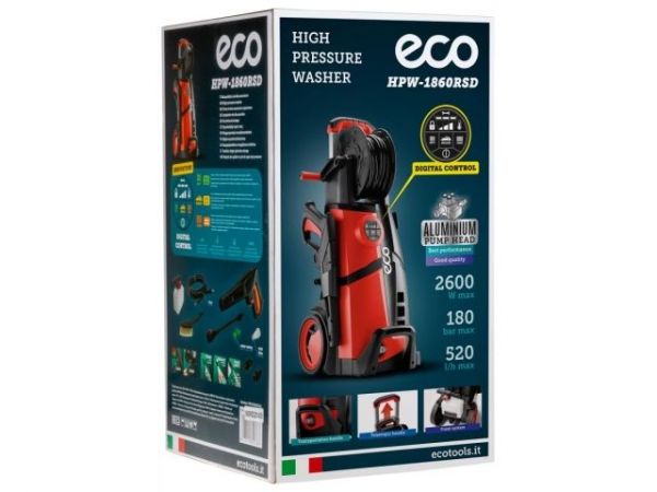 Очиститель высокого давления ECO HPW-1860RSD(2.60 кВт, 180 бар, 520 л/ч, цифров. управление, самовсасывание, телескоп. ручка, барабан д/шланга, а)