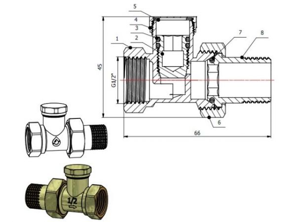 Кран вентильный прямой 1/2' вн.-нар. для радиатора, AV Engineering(Латунь, макс.  16 бар, макс.  110 °С, Обратка)