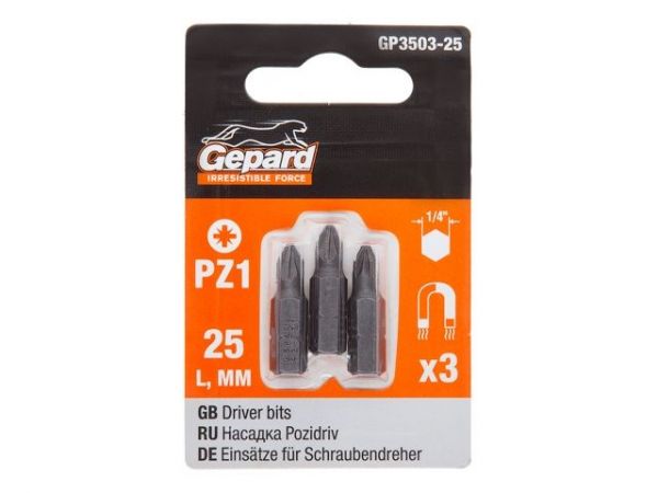 Насадка крестообразная PZ1 25мм  3шт GEPARD (GP3503-25)(бита Pozidrive позидрив сталь S2 магнитная)