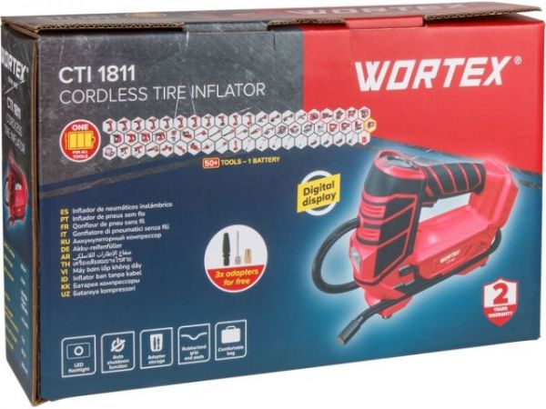 Компрессор WORTEX CTI 1811 в кор. ALL1 XLT SOLO 18 В, 11 бар, 12 л/мин(160 PSI / 1100 кПа, цифровой манометр, 600 мм шланг, подсветка)