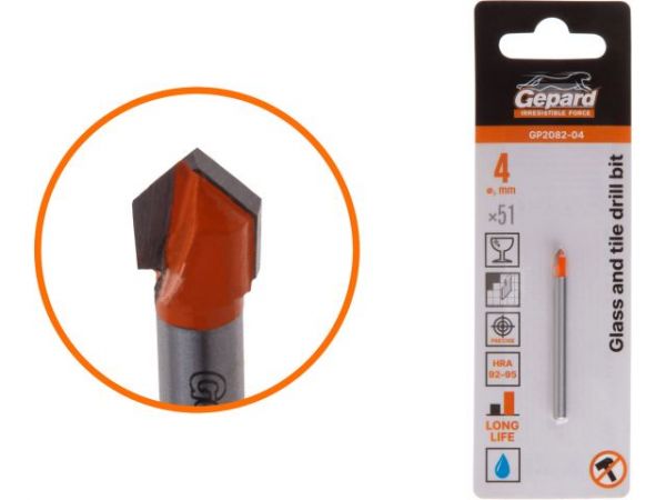 Сверло по кафелю/стеклу  4x51 мм ц/х GEPARD (GP2082-04)(по керамической плитке)