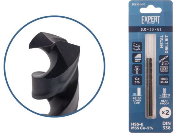 Сверло по металлу ц/х 3.0х33х61 мм HSS-Co, комплект из 2-х шт Black EXPERT STARTUL(кобальт 5%)