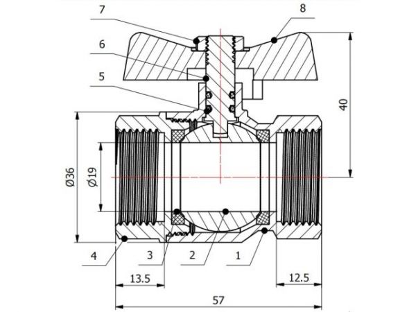 Кран шаровый 3/4' вн.-вн. бабочка PN40, AV Engineering(Латунь, макс.  40 бар, макс.  110 °С)