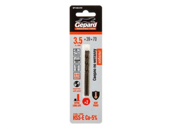 Сверло по металлу ц/х 3.5х39х70 мм HSS-Co, комплект из 2-х шт GEPARD(кобальт 5%)