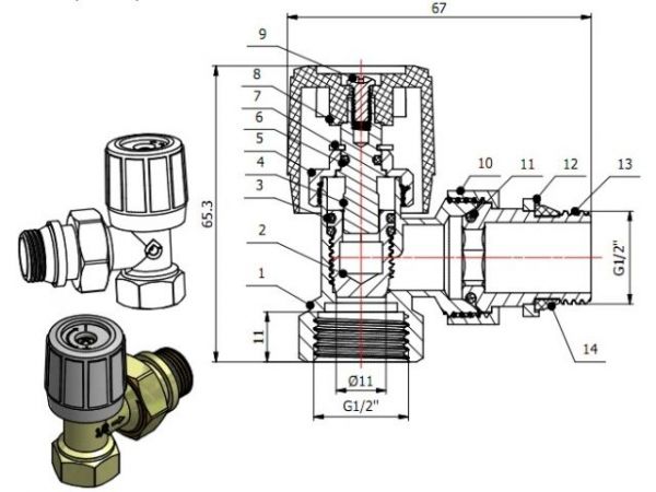 Кран вентильный угловой 1/2' вн.-нар. для радиатора с ручкой, AV Engineering(Латунь, макс.  16 бар, макс.  110 °С, Подача)