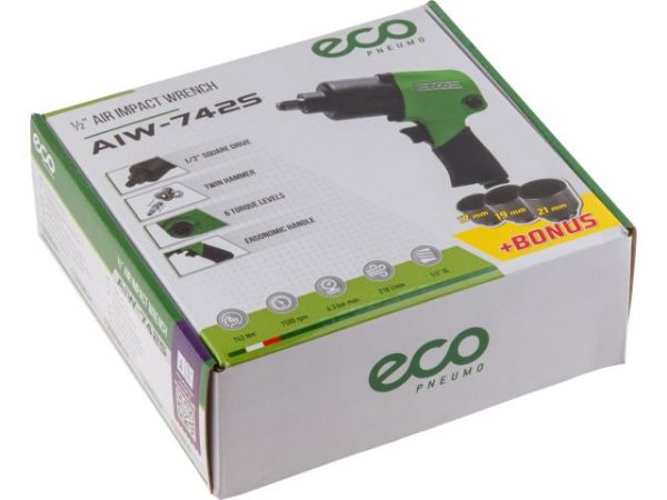 Пневмогайковерт 1/2' ECO AIW-742S(742 Нм; Ударный мех-м: twin hammer; 218 л/мин; 7500 об/мин; Макс. резьба: М16)