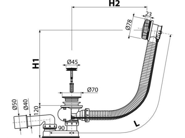Сифон для ванны автомат комплект металл (длина 60 см), Alcaplast