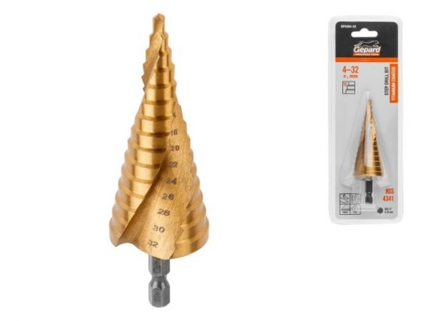 Сверло по металлу ступенчатое 4-32 мм HSS TIN GEPARD(спиральный профиль)