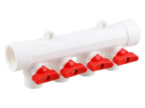 Коллектор с шар. краном красн. PPR 32х20/4,  бел., РТП