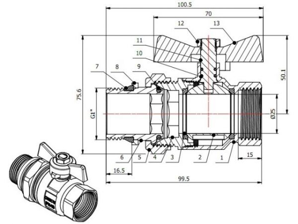 Кран шаровый 1' нар.-вн. бабочка (со сгоном) PN40, AV Engineering(Латунь, макс.  40 бар, макс.  110 °С, с уплотнительным кольцом)