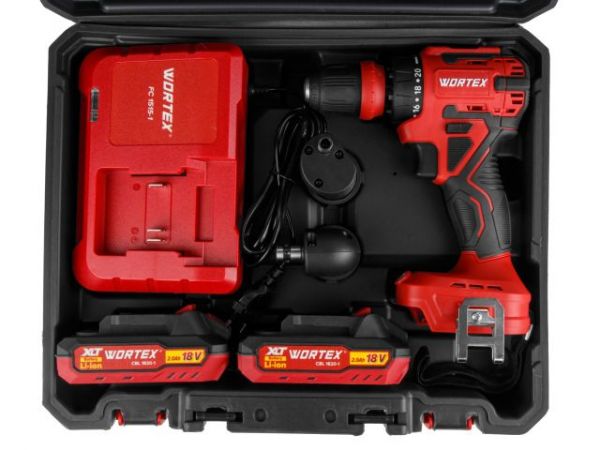 Дрель-шуруповерт WORTEX BD 2025 LiSET в чем. ALL1 XLT БЕСЩЕТ, 18 В, 55 Н*м, 2х2 А*ч + 2 насад(0-1800 об/мин, подсветка.)