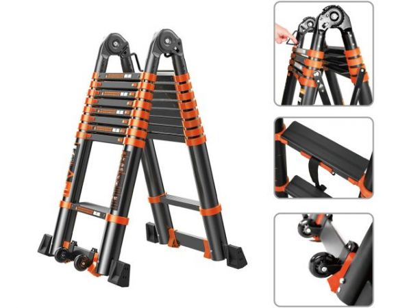 Лестница телескопическая 2-х секц. алюм. 410/820см, 2х10ступ. 28,8кг BLACK LINE STARTUL (ST9932-082)(усиленное шарнирное соединение, ширина ступени 8см, прорезиненные колеса и доп.стабилизаторы)