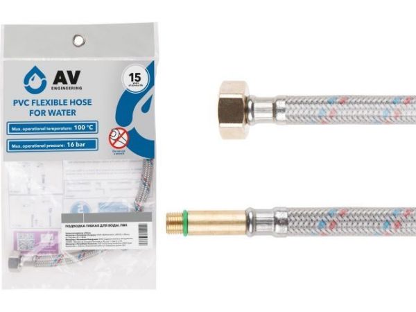 Подводка гибкая, ПВХ, иголка м10 длинная - гайка 1/2' 100 см AV Engineering(16 Bar, 100°С, в пакете)