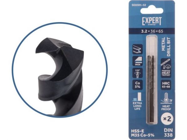 Сверло по металлу ц/х 3.2х36х65 мм HSS-Co, комплект из 2-х шт Black EXPERT STARTUL(кобальт 5%)