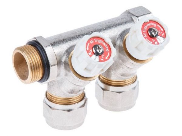 Коллектор с отсекающими вентилями, 3/4' х 2 вых. (16 х 2.0), AV Engineering