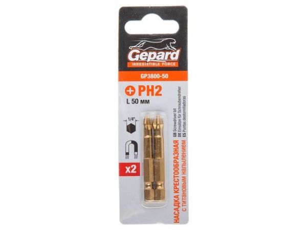 Насадка крестообразная PH2 50мм  2шт с титановым напылением GEPARD (GP3800-50)(бита Phillips сталь S2 магнитная TIN покрытие)