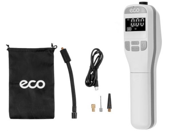 Компрессор автомобильный ECO AE-005 Comfort(7,4 В, 40 Вт, 16 л/мин, 4000 мА·ч, 10 Бар, LED дисплей, фонарь, 3 насадки, сумка.)