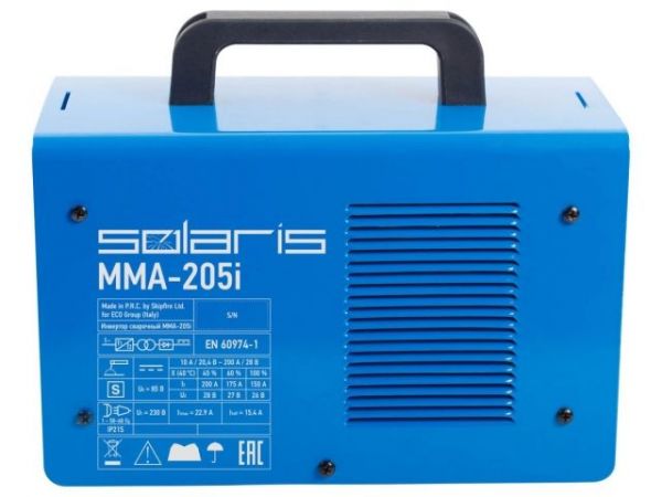 Инвертор сварочный SOLARIS MMA-205i(230В; 10-200 А; 85В; электроды диам. 1.6-4.0 мм; вес 5.1 кг)