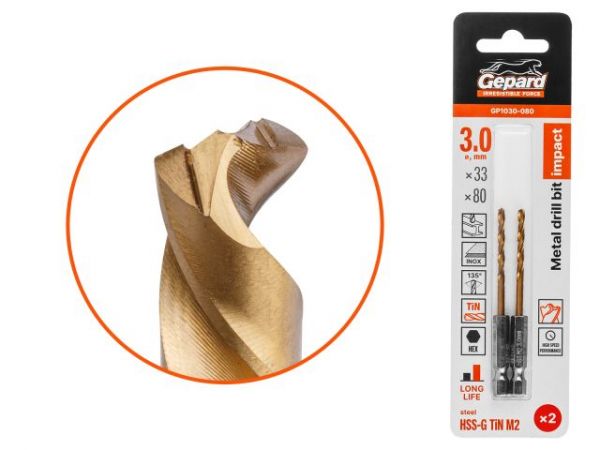 Сверло по металлу шестигр. 3.0х33х80 мм HSS-G TIN, комплект из 2-х шт GEPARD(многогранная заточка)