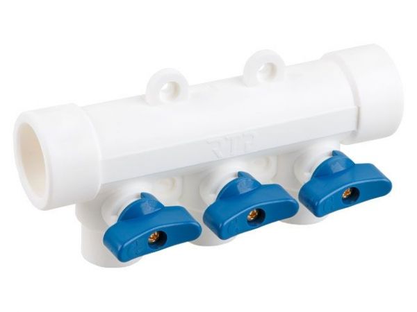 Коллектор с шар. краном син. PPR 32х20/3,  бел., РТП