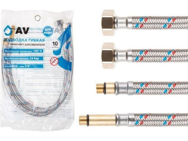 Подводка гибкая, SUS, иголка м10 - гайка 1/2' 40 см (пара) AV Engineering(16 Bar, 100°С, в пакете)