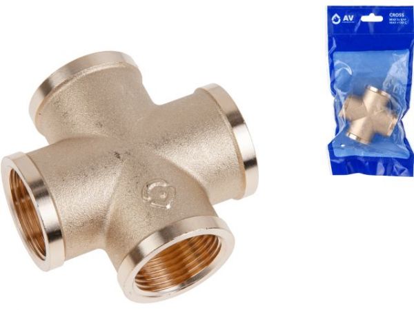 Крестовина 3/4' вн.-вн.-вн.-вн., AV Engineering (инд. упак.)(Латунь, макс.  16 бар, макс.  110 °С)