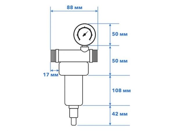 Фильтр самоочищающийся 1' нар. или 3/4'вн., 100 микрон, с манометром, AV Engineering (инд. упак.)(промывной латунный)