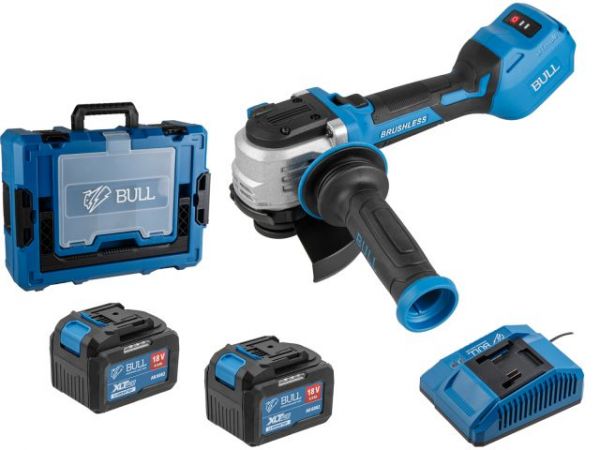 Углошлифмашина BULL CSG 1812-1 SR Xcase XLTpro 2x6 Ач БЕСЩЕТ, 125 мм, рег. об., 10 000 об/мин(Безредукторный тип, плав пуск, конст. эл., защита от перегруз. и перегрев.)