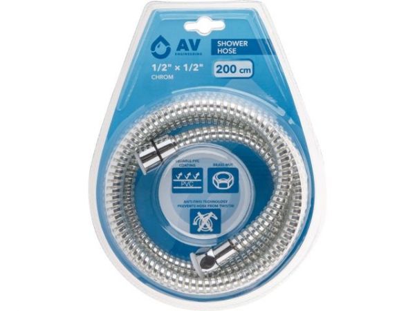 Шланг душевой, PVC, 1/2' г-г 200 см, хром, AV Engineering(Гайка латунь (anti-twist), 10 бар)
