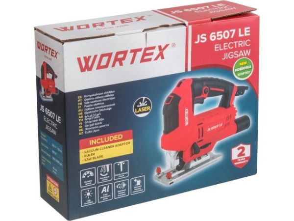 Лобзик электрический WORTEX JS 6507 LE в кор. 650 Вт, 500-3000 ход/мин, пропил до 65 мм(Быстрозажимной патрон, маятниковый ход, рег. об., лазер, подсветка, литая платформа, сдув опилок)