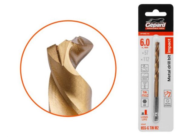 Сверло по металлу шестигр. 6.0х57х112 мм HSS-G TIN GEPARD(многогранная заточка)