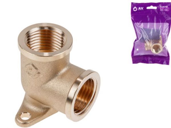 Колено 1/2' вн.-вн. с креплением, AV Engineering (инд. упак.)(Латунь, макс.  16 бар, макс.  110 °С)