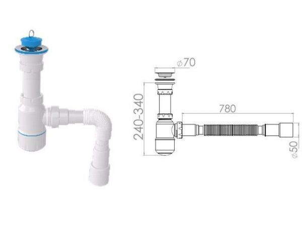 Сифон для умывальника с прикручивающимся выпуском 70мм , с гибкой трубой 1 1/2' - 40/50мм, AV Engine