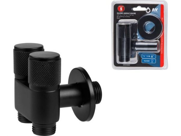 Кран вентильный угловой 1/2' нар. Х 1/2' нар. Х 1/2' нар. установочный черный, AV Engineering(Нерж. сталь, макс.  16 бар, макс.  110 °С)