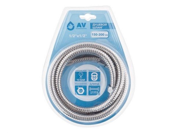 Шланг душевой, SUS/EPDM, 1/2' г-г 150-200 см, мат., AV Engineering(Гайка цинк, 10 бар)