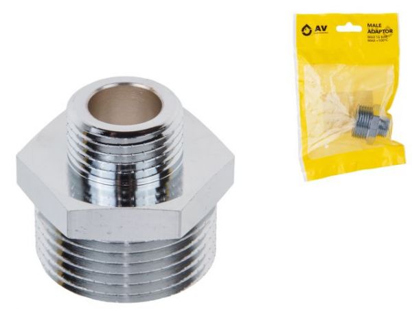Ниппель ред. 1' нар. х 1/2' нар. ХРОМ, AV Engineering (инд. упак.)(Латунь, макс.  16 бар, макс.  100 °С)