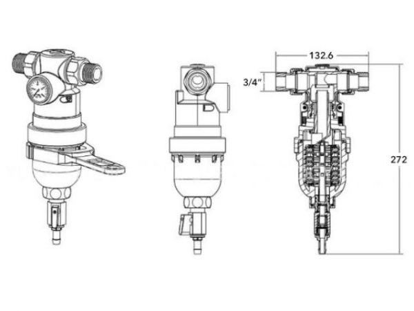 Фильтр самоочищающийся 3/4' нар., с манометром, AV Engineering (инд. упак.)(промывной латунный, фильтр разборный, ступенчатый)