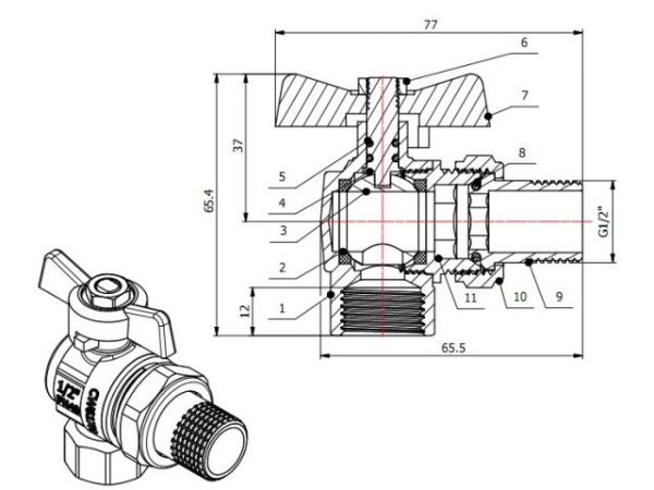 Кран шаровый угловой 1/2' нар.-вн. бабочка (со сгоном) PN40, AV Engineering(Латунь, макс.  40 бар, макс.  110 °С)