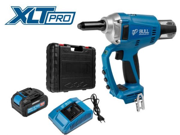 Заклепочный пистолет BULL CRG 1018 в чем. XLTpro, БЕСЩЕТ., 25 мм, 10000 Н, 1х4 А*ч(2.4, 3.2, 4.0, 4.8 мм, вытяжные, подсветка)