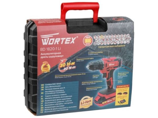 Дрель-шуруповерт WORTEX BD 1820-1 Li в чем. ALL1 XLT 18 В, 30 Н*м, 2х2 А*ч, БЗП(мет.) 13 мм(шурупы до 8 мм)