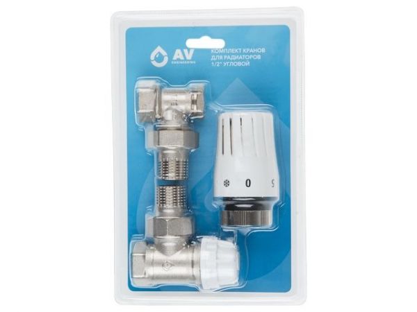 Комплект кранов угловой 1/2' для радиатора с термоголовкой, AV Engineering (инд. упак.)(M30x1.5)